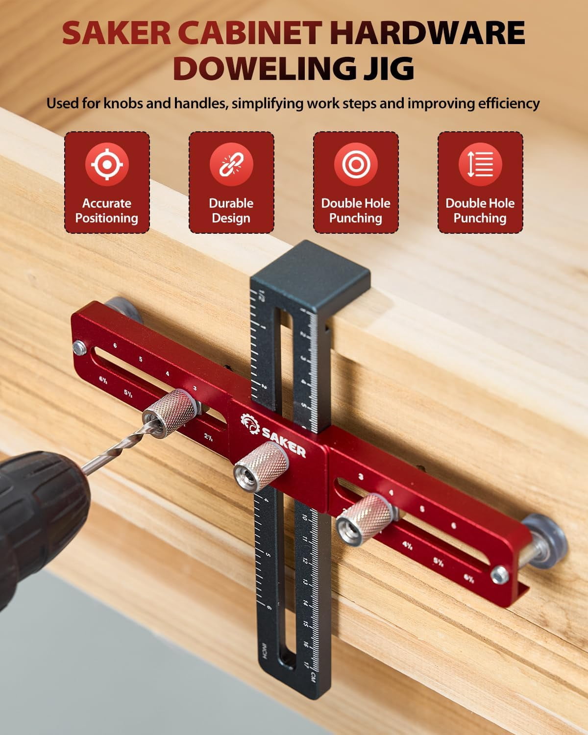 Cabinet Hardware Doweling Jig - Cabinet Handle Template Tool for Knobs and Pull - Adjustable Self Centering Punch Locator Precise Woodworking Drill Guide (6.5" Jig Saw)