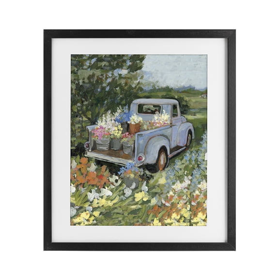 Stupell Industries Truckin' Field with Flowers Black Framed Print Under Glass, design by Susan Winget