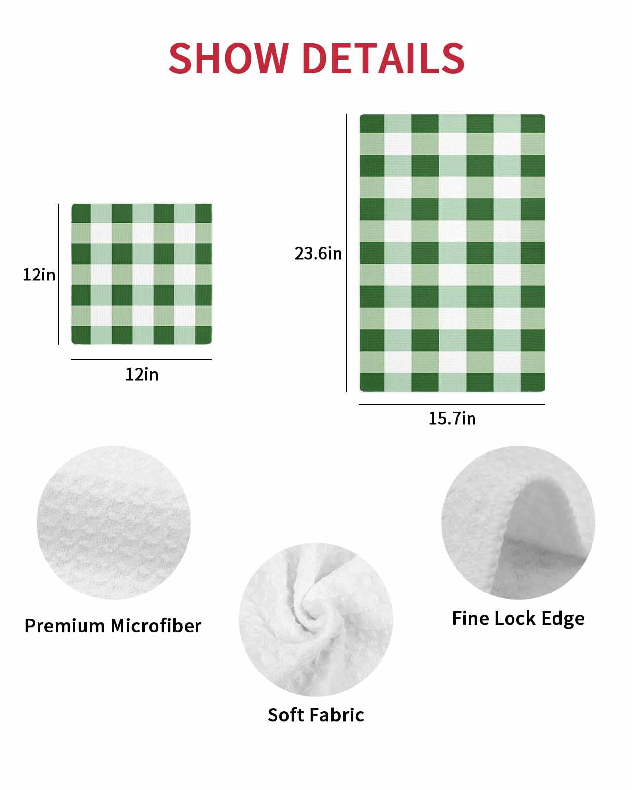 Green Plaid Kitchen Dish Towels for Drying Dishes Set of 3, Spring Summer Farmhouse Buffalo Checkered Waffle Weave Microfiber Hand Tea Bathroom Towels Quick Dry & Absorbent Towel 12x12