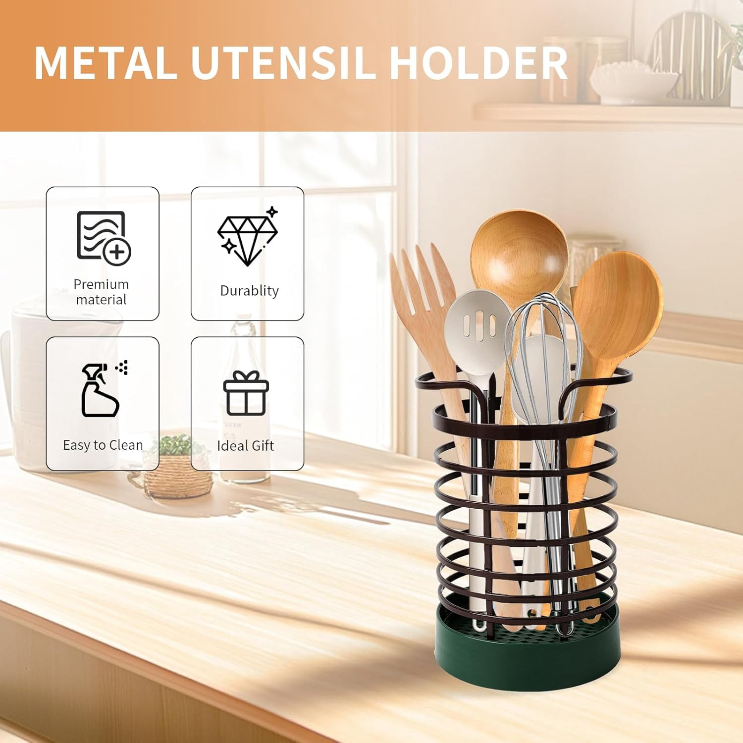 ABPETE Utensil Holder for Kitchen Counter,Modern Metal Utensil Holder with Green Stable Base,Large Cooking Utensil Crock Organizer for Spatula & Spoon,Farmhouse Kitchen Decor