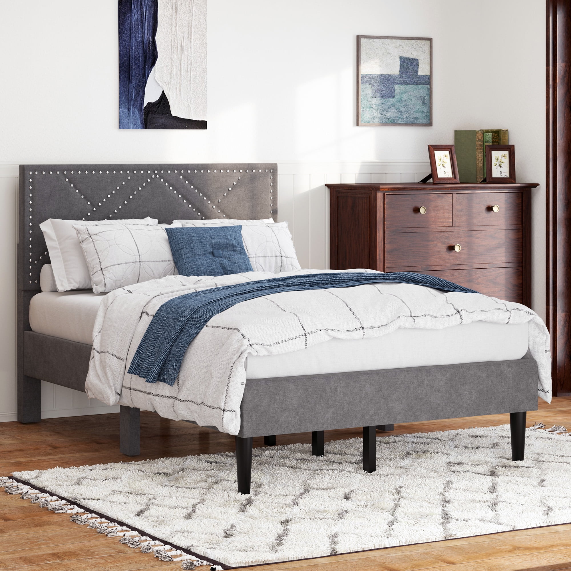 Yoneston Full Size Storage Bed Frame with Linen Upholstered Headboard and Under-Bed Storage, No Box Spring Needed, Quiet Gliding & Heavy Duty Support, Carbon Gray