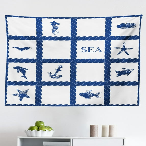 Navy Blue Tapestry, Navy Blue Color Background with Zig Zag Patterned Modern Design Art, Fabric Wall Hanging Decor for Bedroom Living Room Dorm, 2 Sizes, Navy Blue and White, by Ambesonne