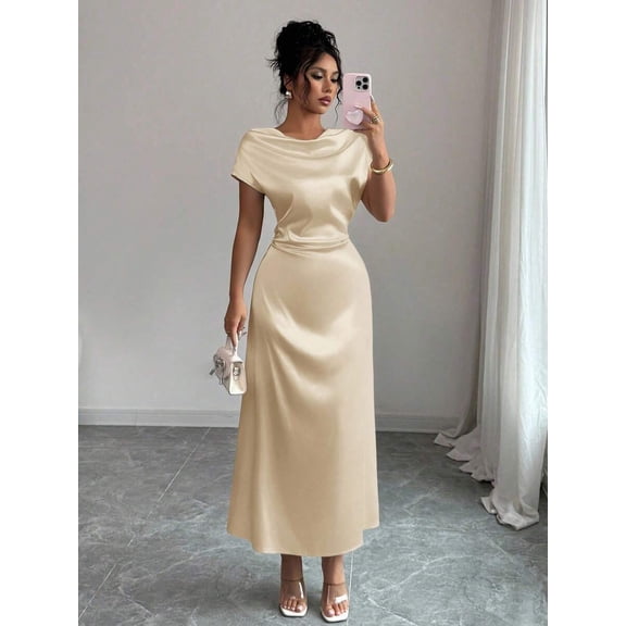 Champagne Satin Cowl Neck Short Sleeve Maxi Dress For Elegant Day Or Evening Wear