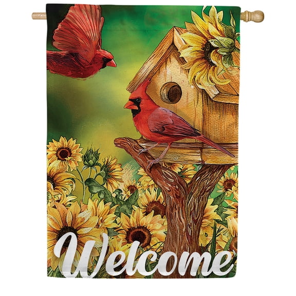 America Forever Cardinal Summer Home House Flag 28 x 40 inch Double Sided, Welcome Banner Birdhouse Sunflower Outdoor Decor, Red Birds Garden Yard Display Floral Decorations