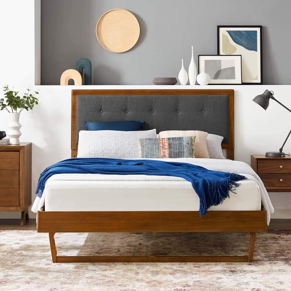 Pemberly Row 57" Full Wood Platform Bed with Angular Frame in Walnut/Charcoal