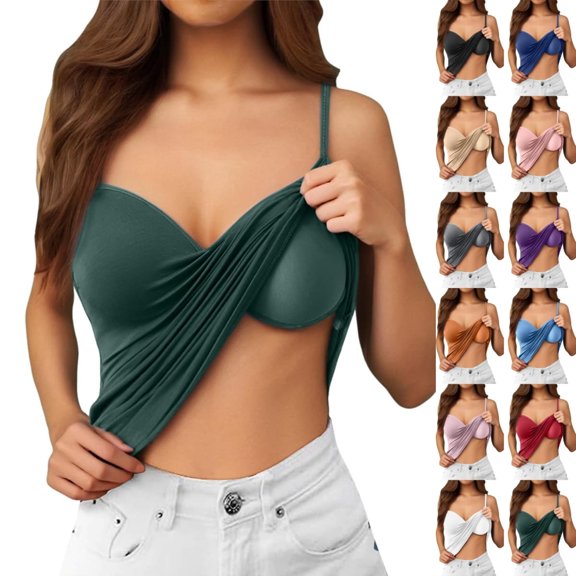 Bmisegm Built In Bra Tank Tops For Women Seamless Sleeveless Spaghetti Strap Sweetheart Neck Padded Basic Camisole Undershirt Womens Casual Tops Dark Green S