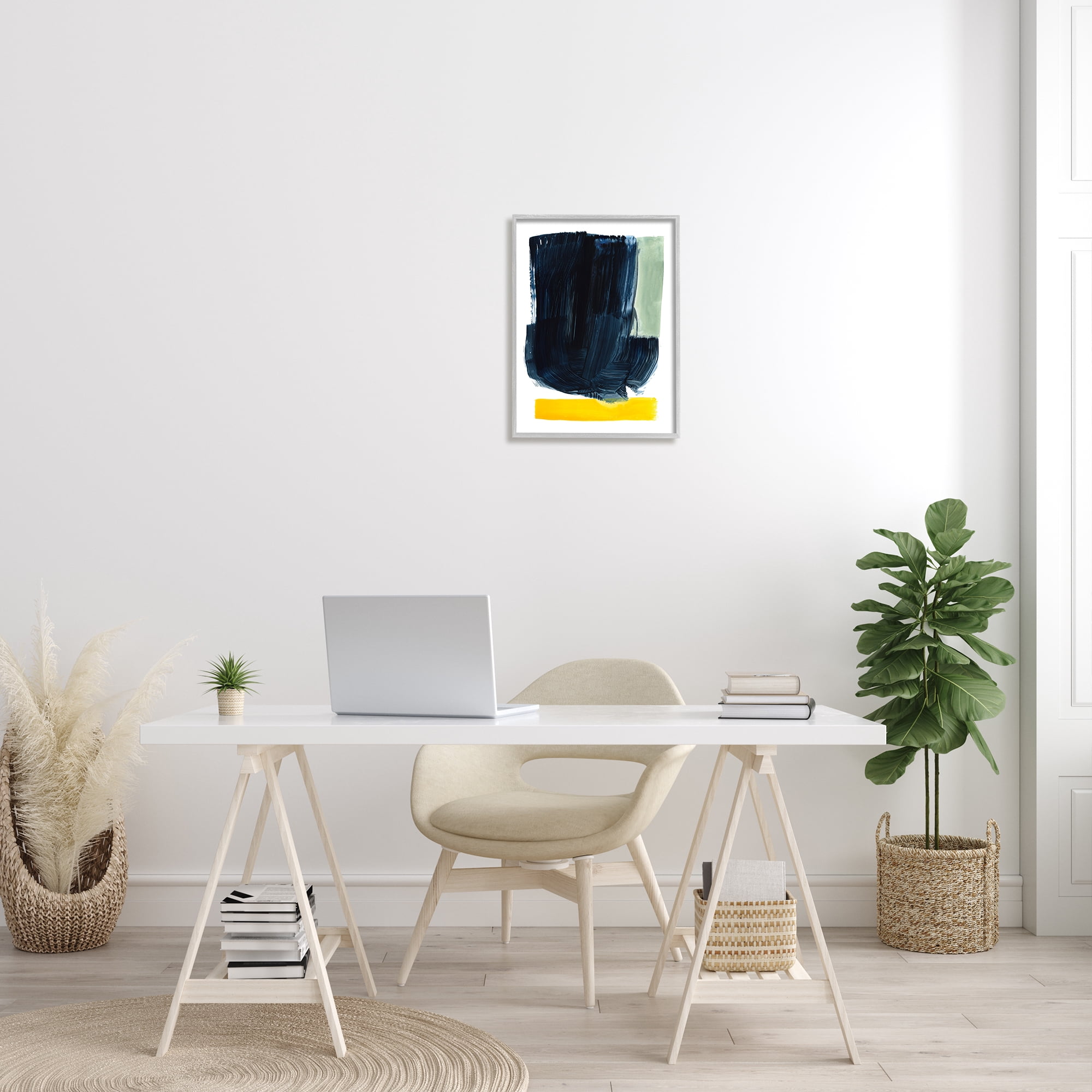 Stupell Industries Modern Blue Field Abstraction Contrasting Yellow Green Abstract Painting Gray Framed Art Print Wall Art, 16 x 20