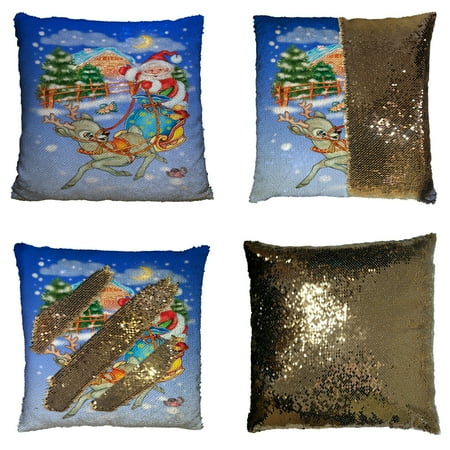 Reindeer Home Decor GCKG Festival Pillowcase, Merry Christmas Santa Claus in Sleigh with Reindeer Reversible Mermaid Sequin Pillow Case Home Decor Cushion Cover 16x16 inches ()