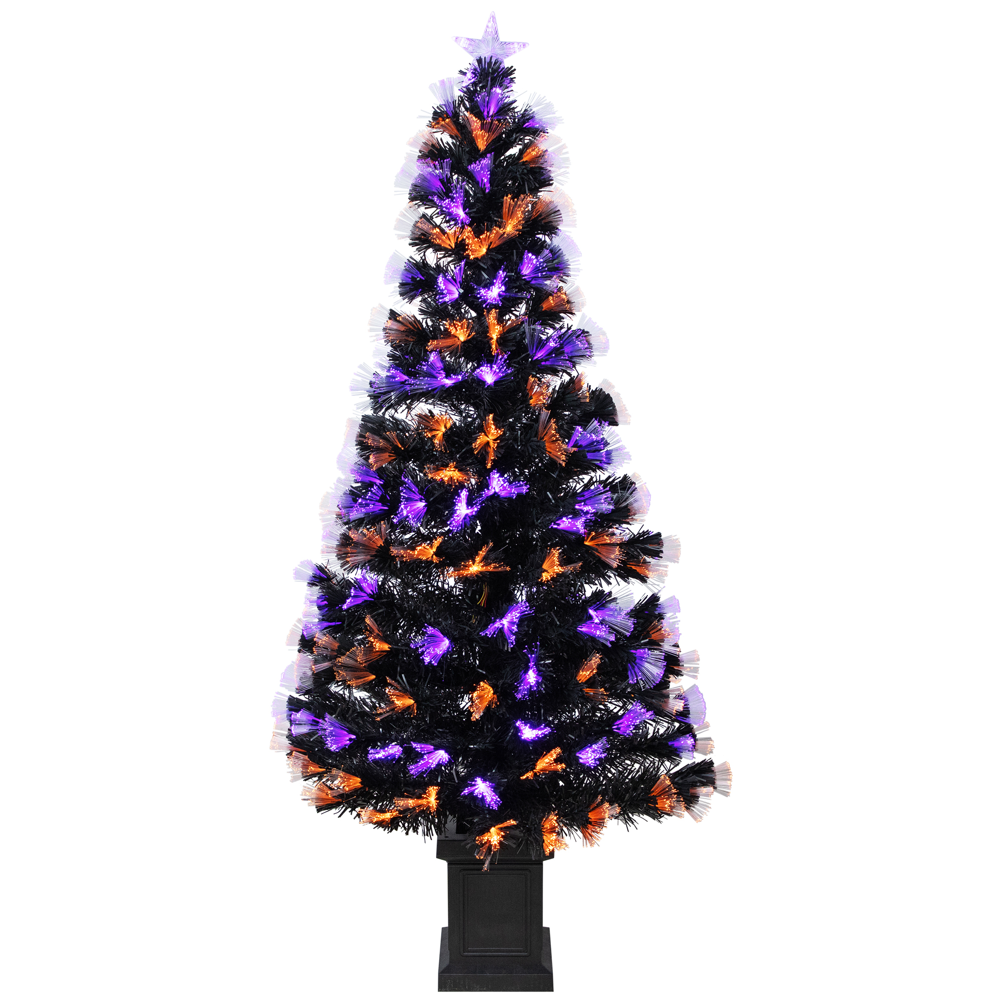 8-Function Fiber Optic Artificial Pine Potted Halloween Tree - 5' - Black - Orange and Purple LED