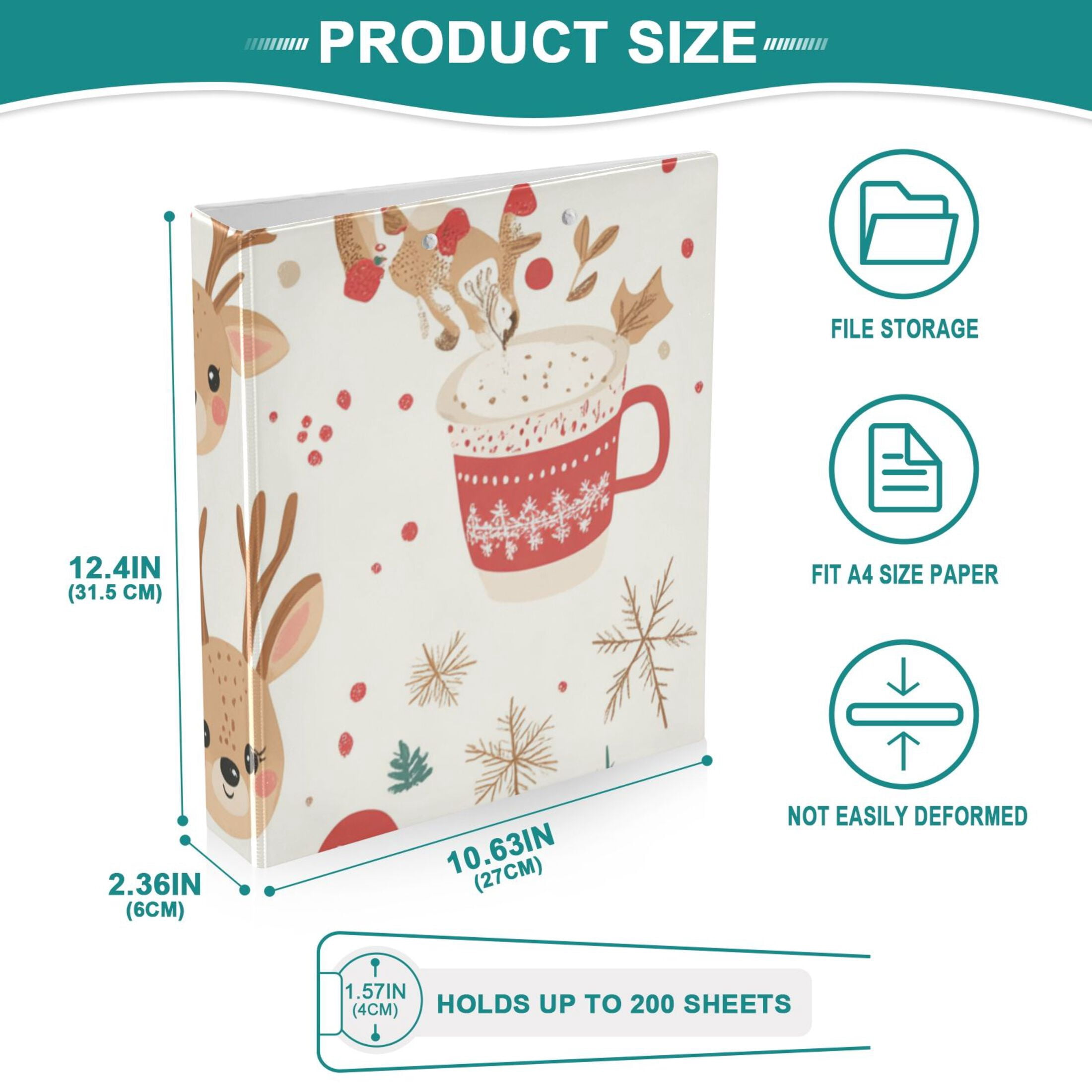 Christmas Deer Snow Cup 3 Ring Binders 1.5 inch Hardcover File Folders with Interior Pockets A4 Size Organizer for School Office Hospital