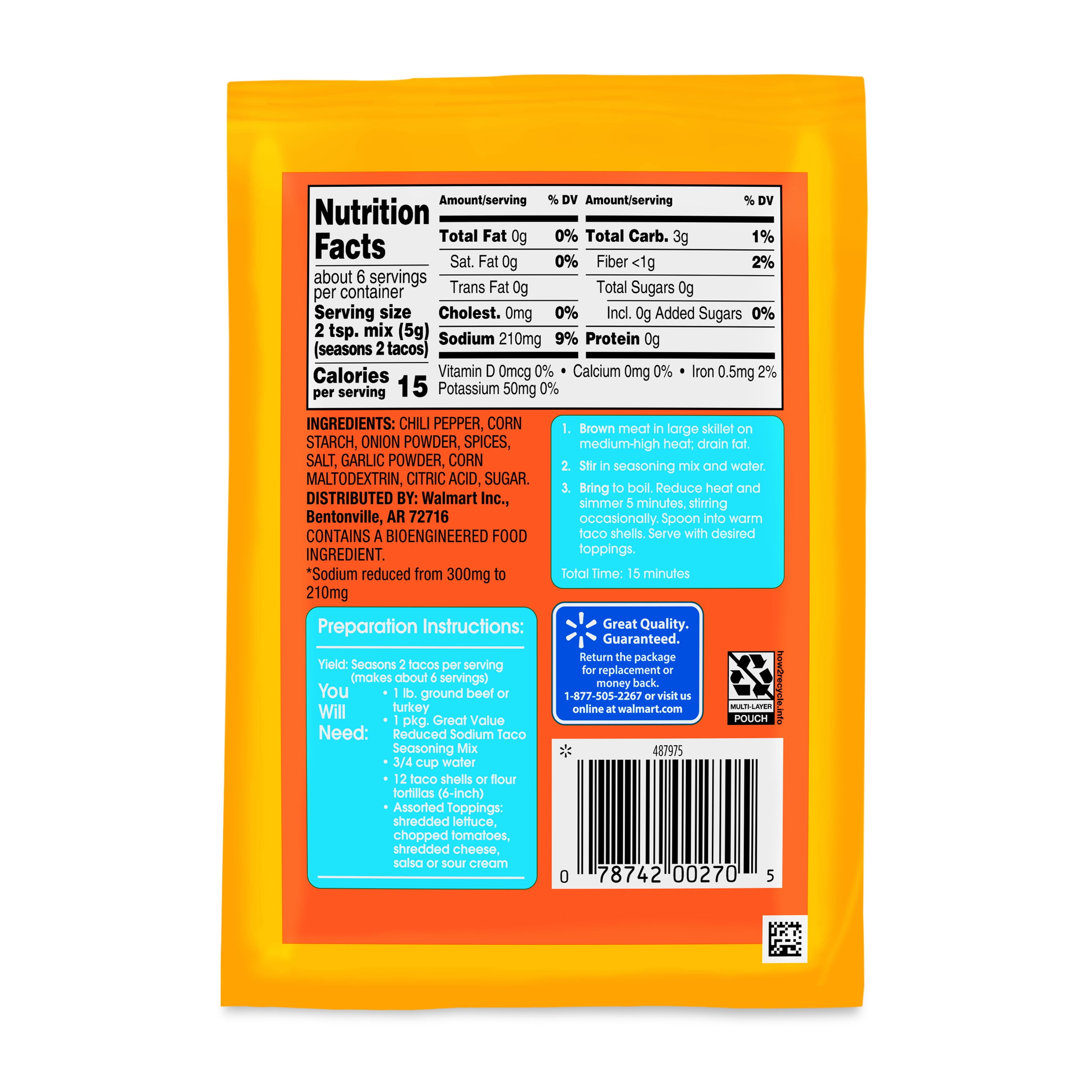 (6 pack) Great Value Reduced Sodium Taco Seasoning Mix, 1 oz