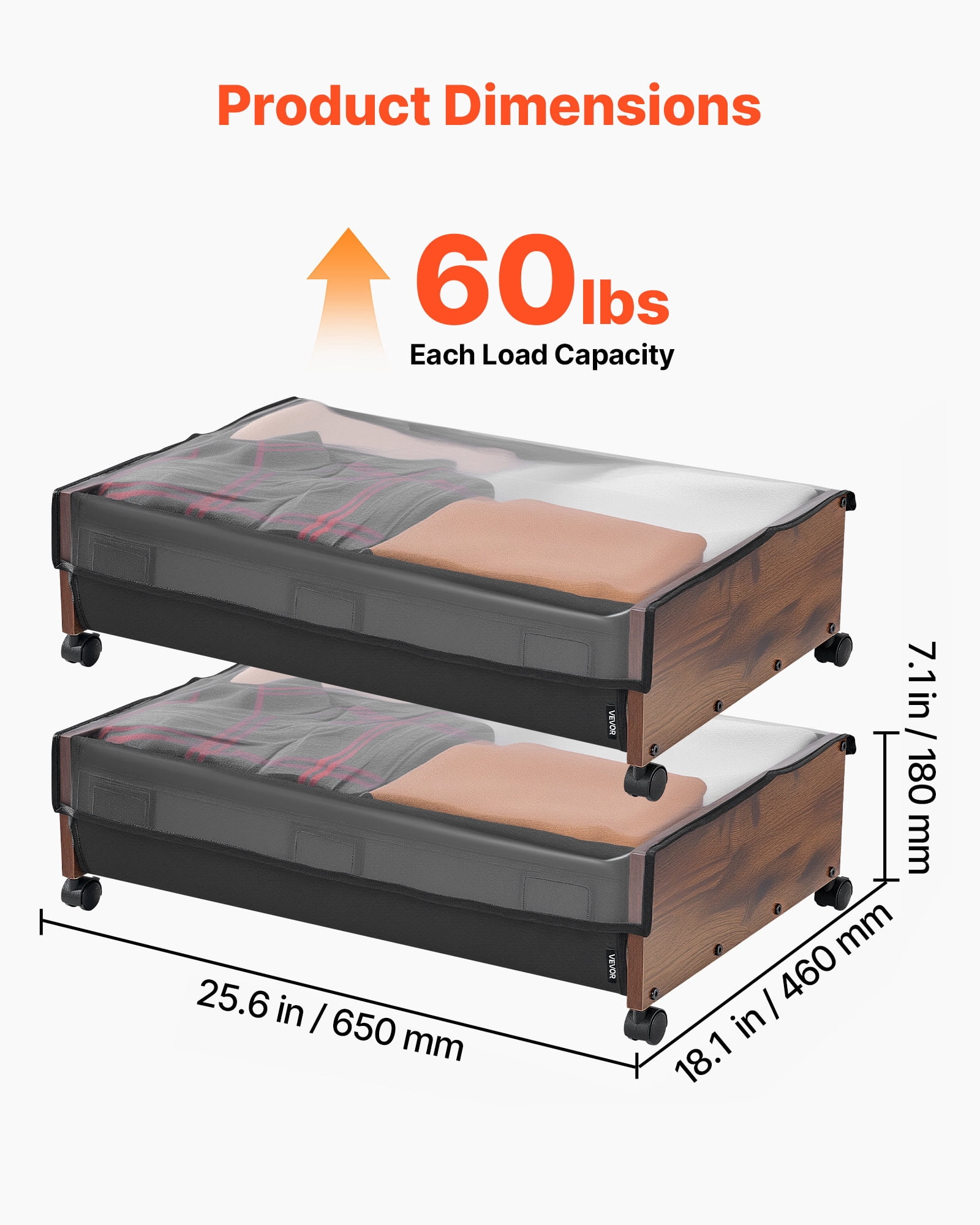 VEVOR Under Bed Storage with Wheels, 25.6 x 18.1 x 7.1 inch Underbed Containers, Underbed Shoes Organizer with Lockable Wheels, Rolling Under the Bed Storage Bins for Clothes, Shoes, Blankets, 2 Pack
