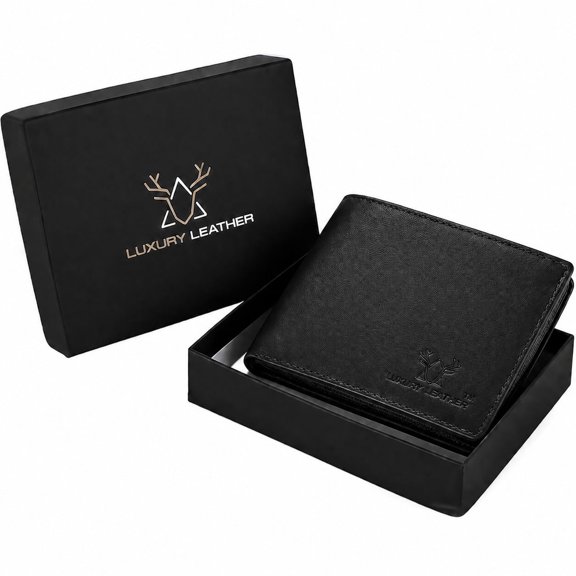 Luxury Leather Genuine Leather RFID Blocking Wallet for Men | Slim Bifold Design with Zipper Coin Pocket, ID Window & Multiple Card Slots | Black