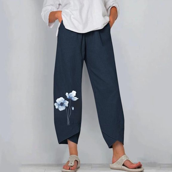 Lilgiuy Women's Fashion High Waist Straight Tube Petal Trouser Hem Print Cotton Hemp Versatile Casual Pants Petite Classic Proportioned Pant