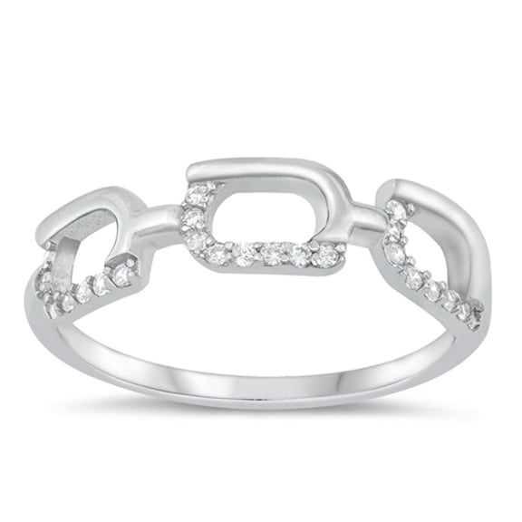 Clear Cubic Zirconia Chain Link Ring .925 Sterling Silver Band White Jewelry Female Male Size 6