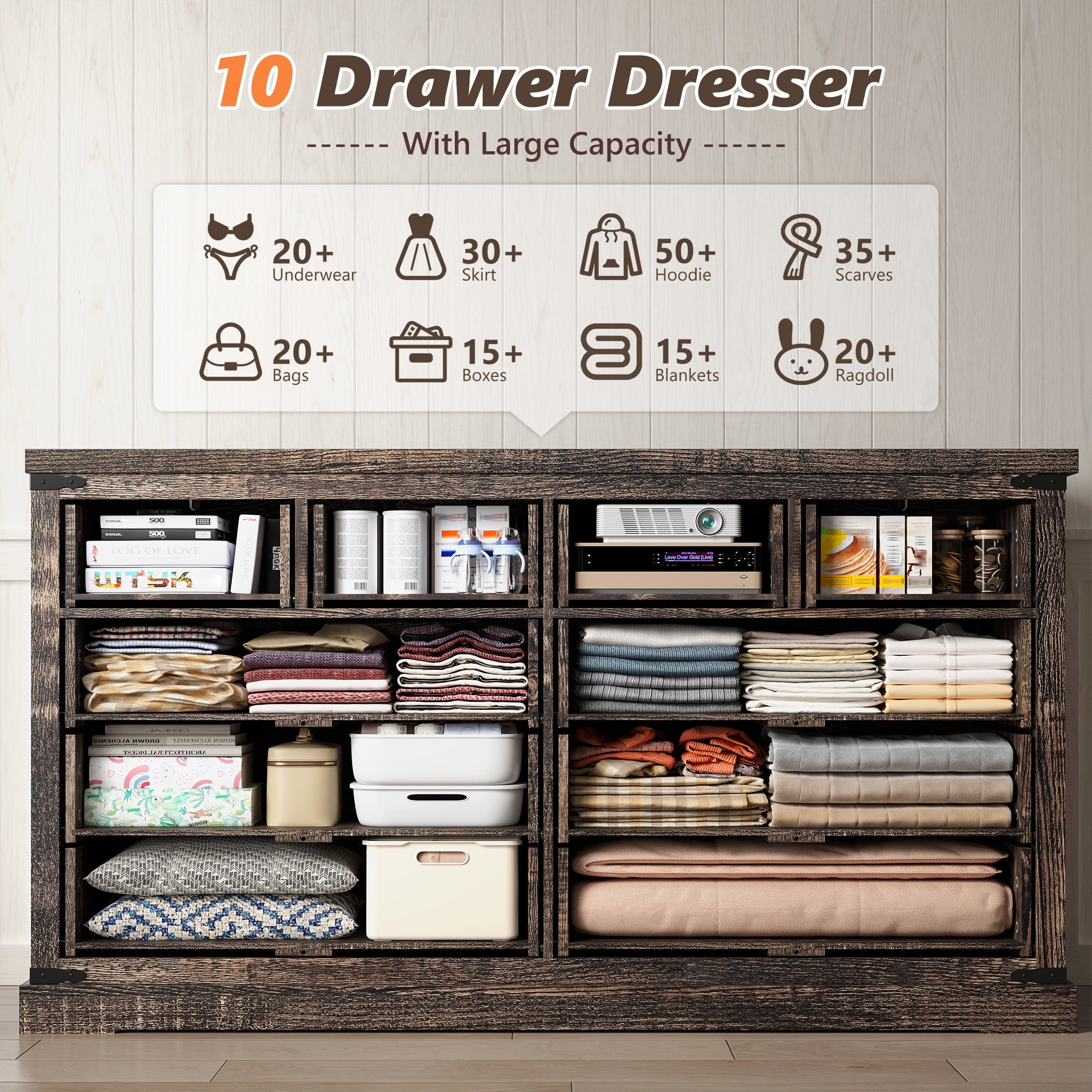 EnHomee 10 Drawers Wood Dresser for Bedroom Furniture 55" Wide Dressers & Chests of Drawers with 10 Deep Drawers, Dark Rustic Oak