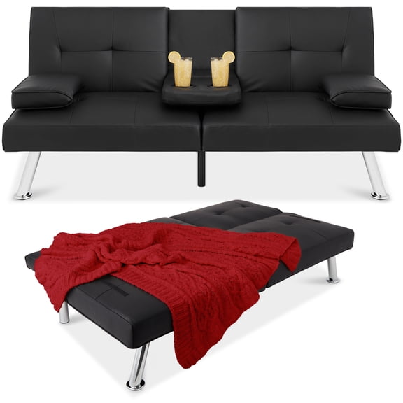 Best Choice Products Modern Linen Convertible Futon Sofa Bed w/ Metal Legs, 2 Cupholders
