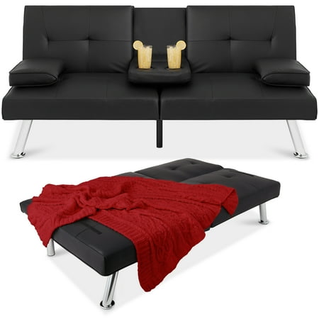 Best Choice Products Modern Faux Leather Convertible Futon Sofa w/ Removable Armrests, 2 Cupholders - Black