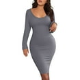 thumbnail image 1 of Vestido midi sexy de color liso con cuello redondo y manga larga para salir de fiesta, 1 of 8