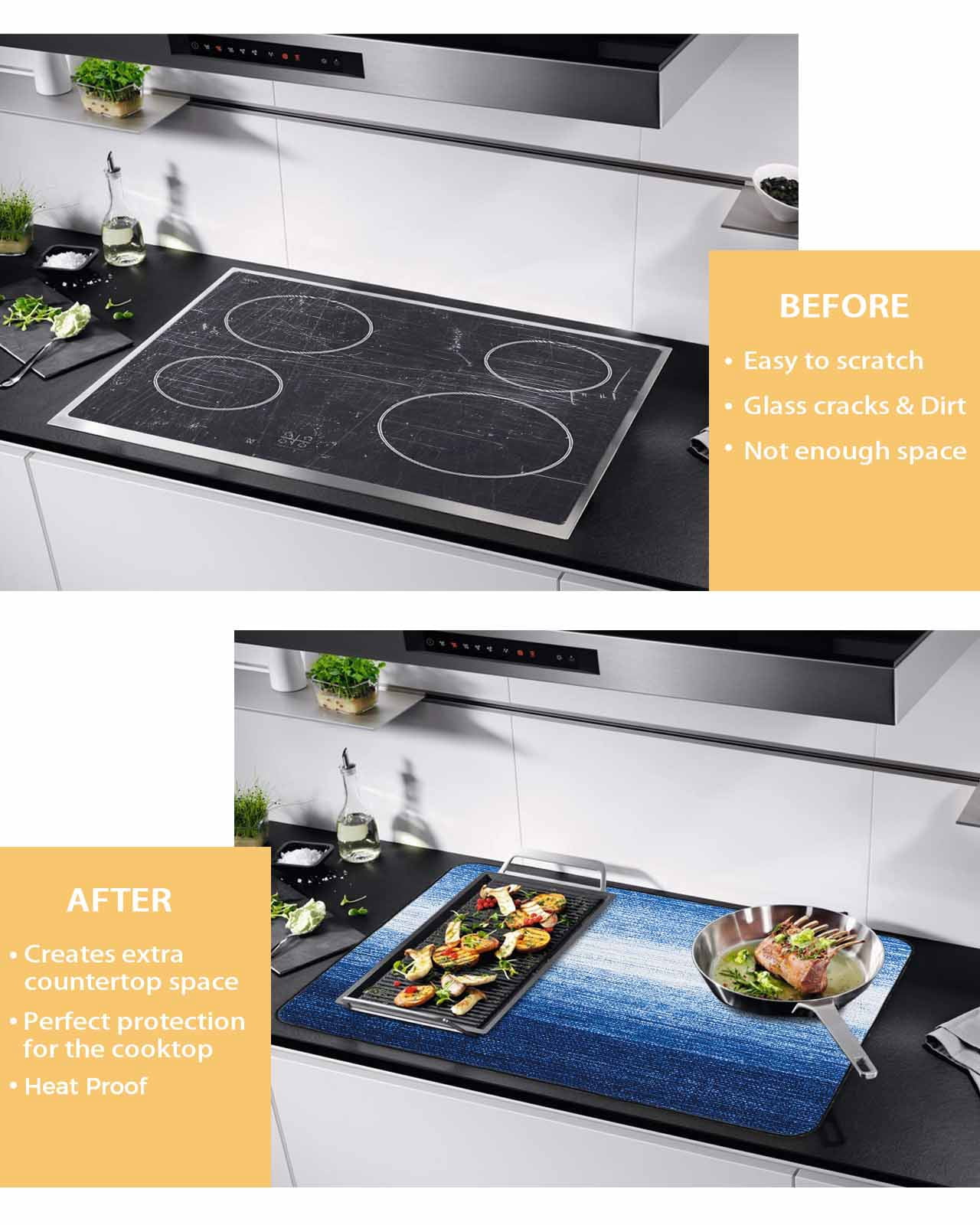 nqOlkjepod Large Induction Cooktop Protector Mat 36"x21", Blue White Ombre Stove Top Covers for Electric Stove, Gradient Abstract Gradient Texture Stove Burner Cover Mats, Glass Top Stove Cover