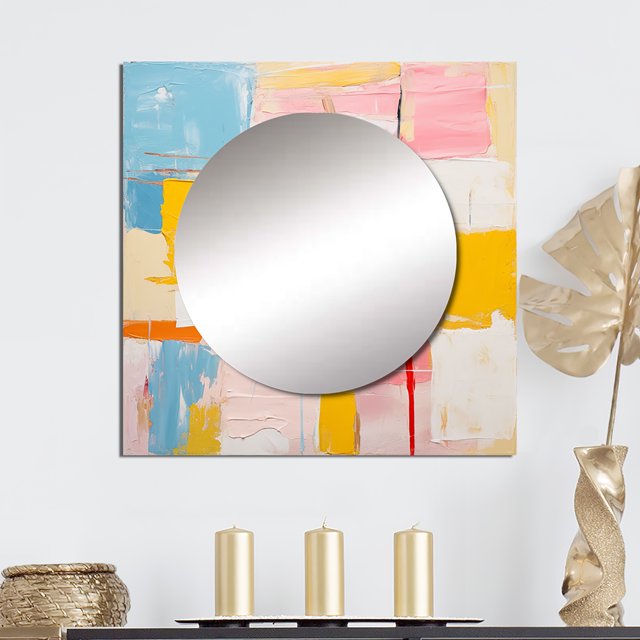 Designart "Fleeting Notions Of Chromatic Fields" Abstract Painting Square Mirror For Wall Decor - Large Pink Square Mirror Printed Wall Decor - Modern Square Living Room Mirror