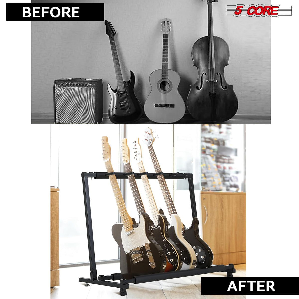 Guitar Rack 5 Slot Multi Guitar Stand Five Display Floor Stand Safe Storage Foldable Portable for Electric Acoustic Flying V Guitars - GRack 5N1