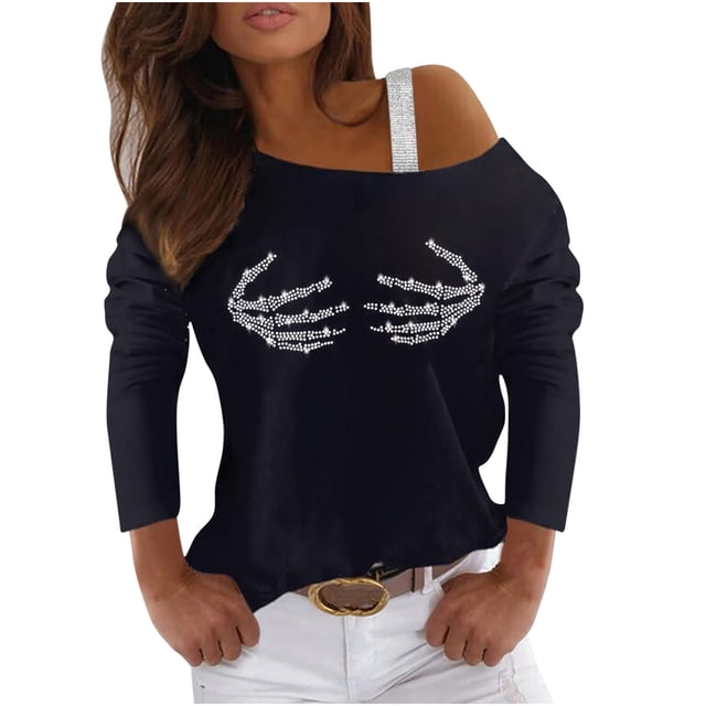 Camisas informales de manga larga para mujer, jersey con hombros descubiertos, blusa holgada con lentejuelas brillantes, Tops tipo túnica Pompotops gfhjh15380