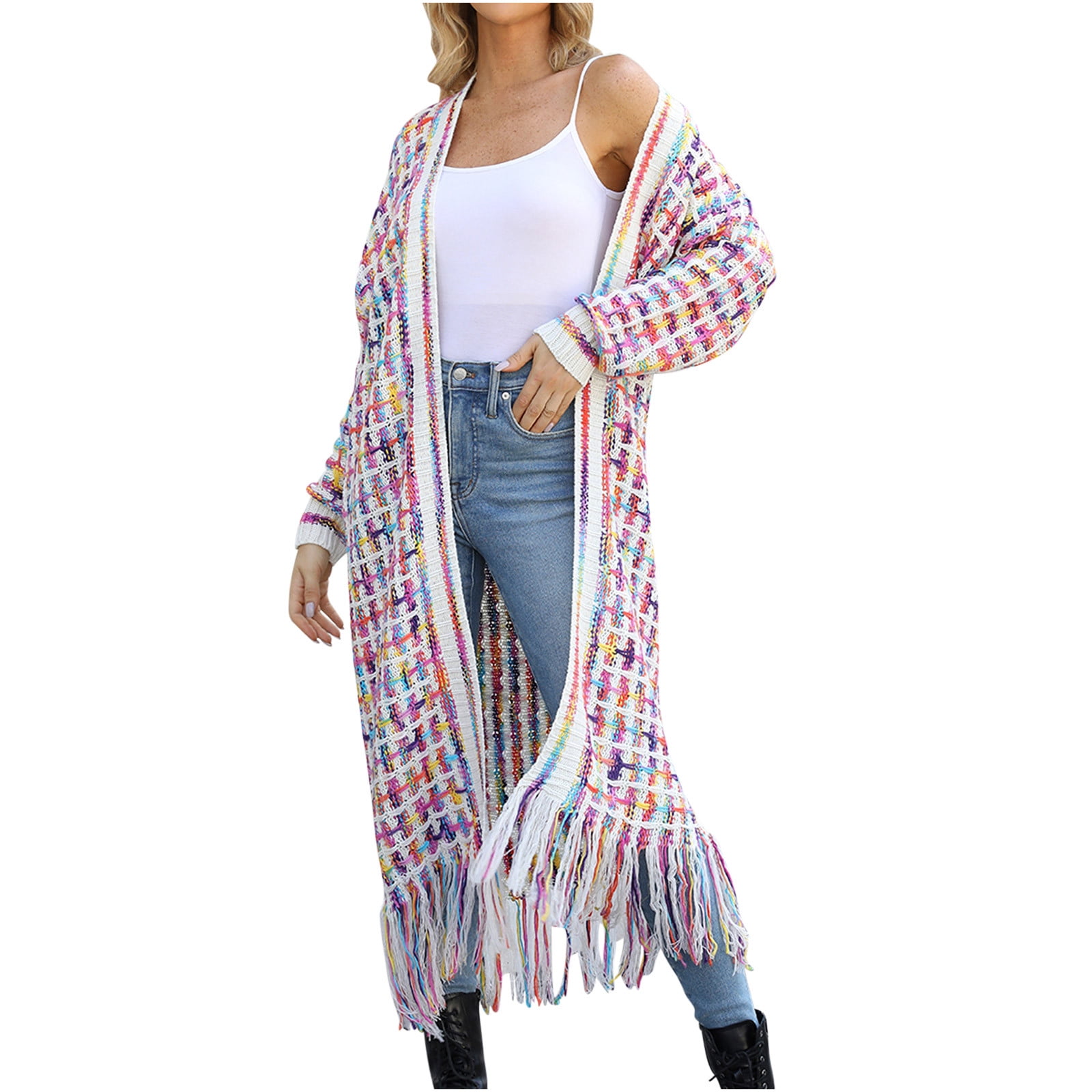 Cardigans Sweaters for Women Long Sleeve Open Front Tassels Oversized Knitted Coats Knee Length Checkered Color Block Soft Outerwear Sweater