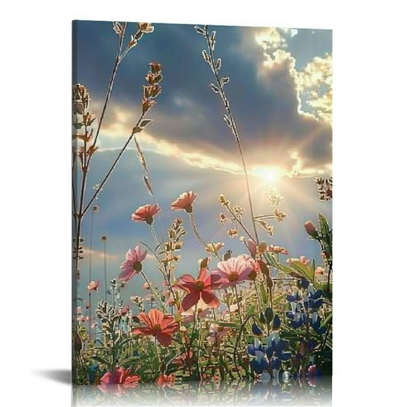 FCXZI Spring flowers meadow sky Indoor art wall decoration home is suitable for living room, bedroom, office, dining room, club decoration, can hang Canvas painting 12x16in