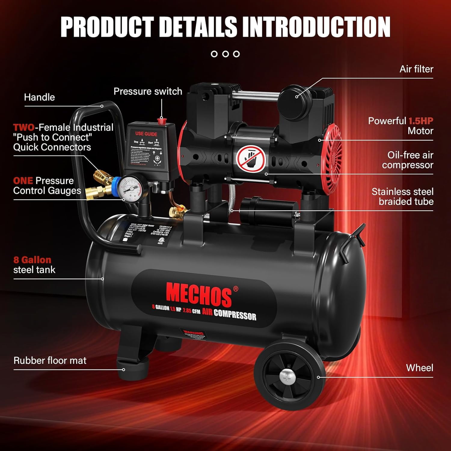 EAYSG Ultra Quiet 8 Gallon Air Compressor, 1.5 HP Oil-Free Portable Tank, 2.85 CFM @ 115 PSI, 110V – Ideal for Garage, Home DIY, Tire Inflation, Nail Guns & More