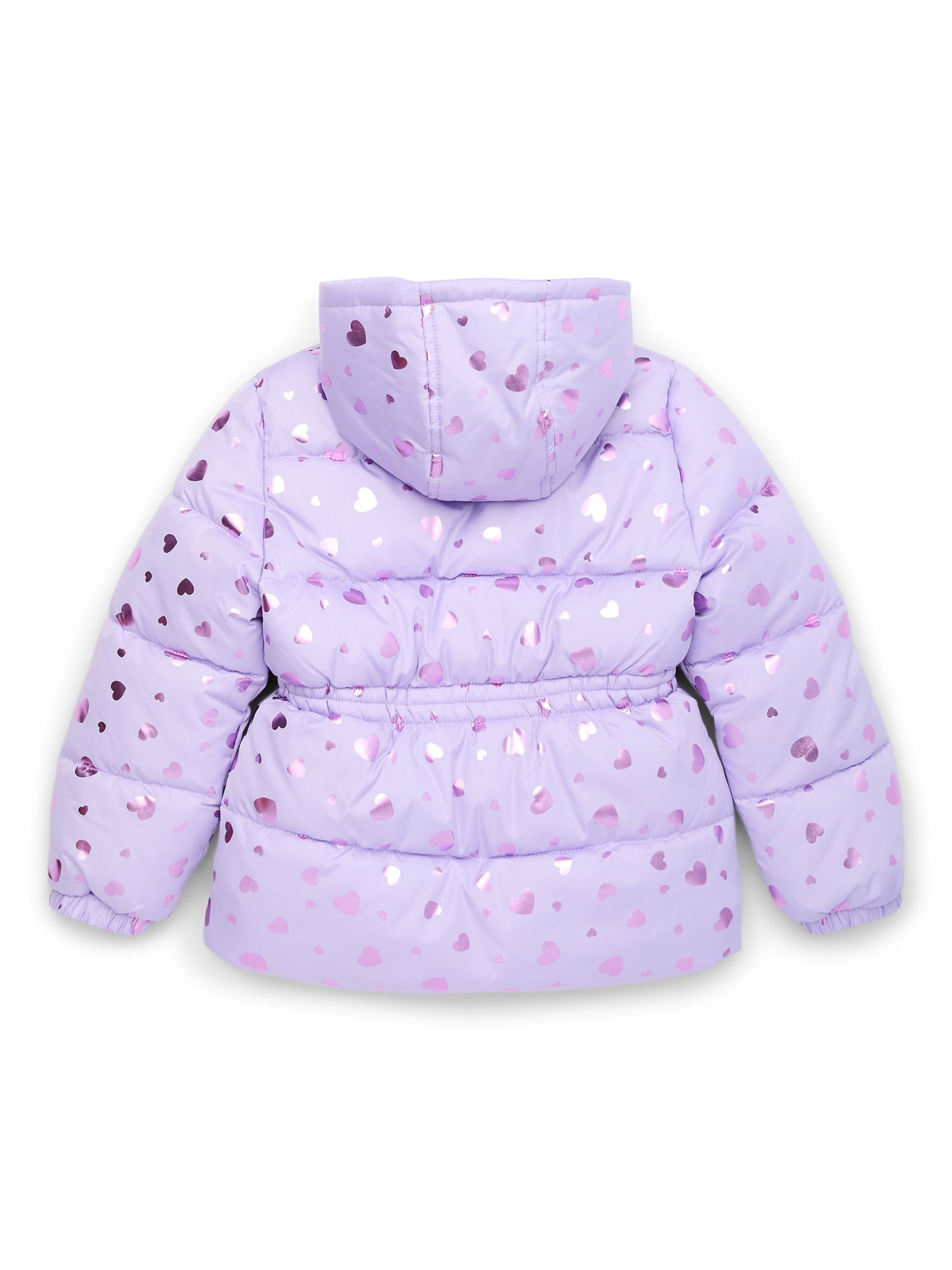 Pink Platinum Girls Heart Foil Printed Hooded Puffer Jacket with Fleece Lining, Sizes 4-16