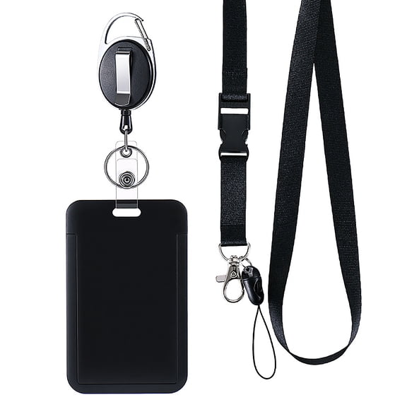 Badge Reel, Retract Cord and Lanyard Set with ID Card Holder for Employee Pass and Bus Card Case Sleeve for Office Work Attendance Maintenance Accessory Gear Black