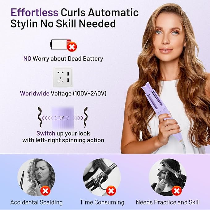 RKXQT Automatic Hair Curling Iron Automatic Hair Curler Automatic Rotating with 3 Temperature Sets, Anti-Scald, Anti-Tangle Auto Curling Iron Rotating, Purple