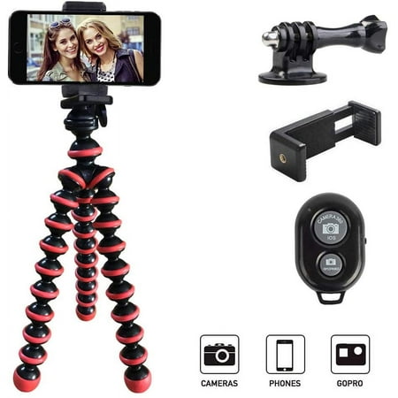 Qishi Portable Phone Tripod Stand with Wireless Remote - Flexible Compatible with iPhone Samsung Android & GoPro-Red