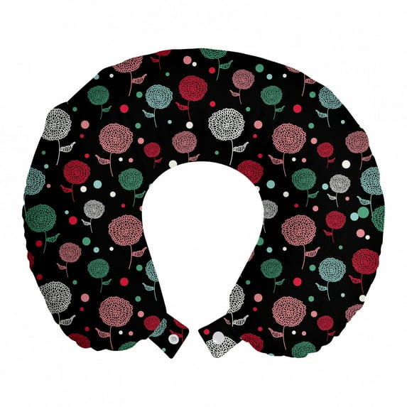 Floral Travel Pillow Neck Rest, Colorful Silhouettes of Chrysanthemum Flowers and Repeated Polka Dots, Memory Foam Traveling Accessory Airplane and Car, 12", Charcoal Grey Multicolor, by Ambesonne