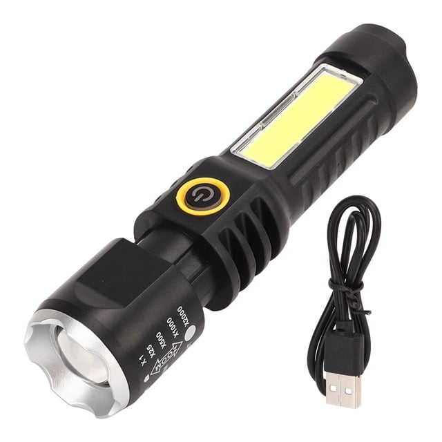 Linterna telescópica de luz fuerte tipo C, carga negra con anillo plateado, linterna telescópica para acampar