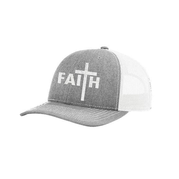 Men's Christian Faith Cross Embroidered Mesh Back Trucker Hat, Heather Grey/White