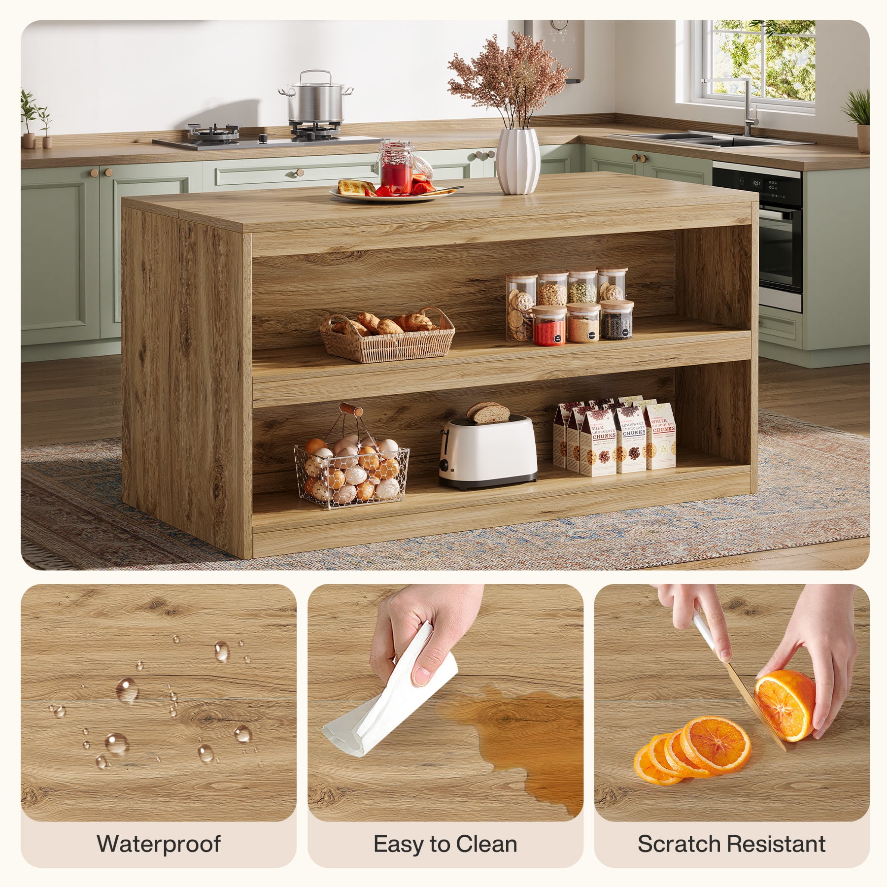 Finmind 59-inch Kitchen Island with Storage, 3-Tier Farmhouse Stationary Island Table with Spaciouse Tabletop and Seating Area for Dining Room, Kitchen, Light Wood