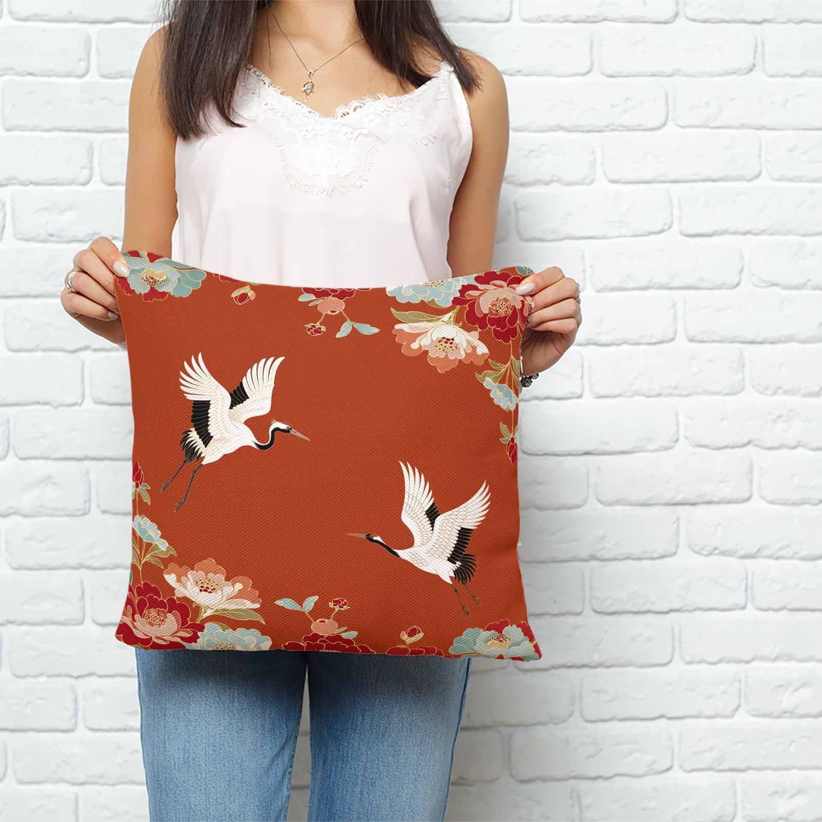 Throw Pillow Covers 26x26 Inch, Red Crane Decorative Pillow Cases for Couch Sofa Bed, Vintage Red Teal Spring Floral Botanical Cotton Linen Square Home Decor Pillowcases with Hidden Zipper