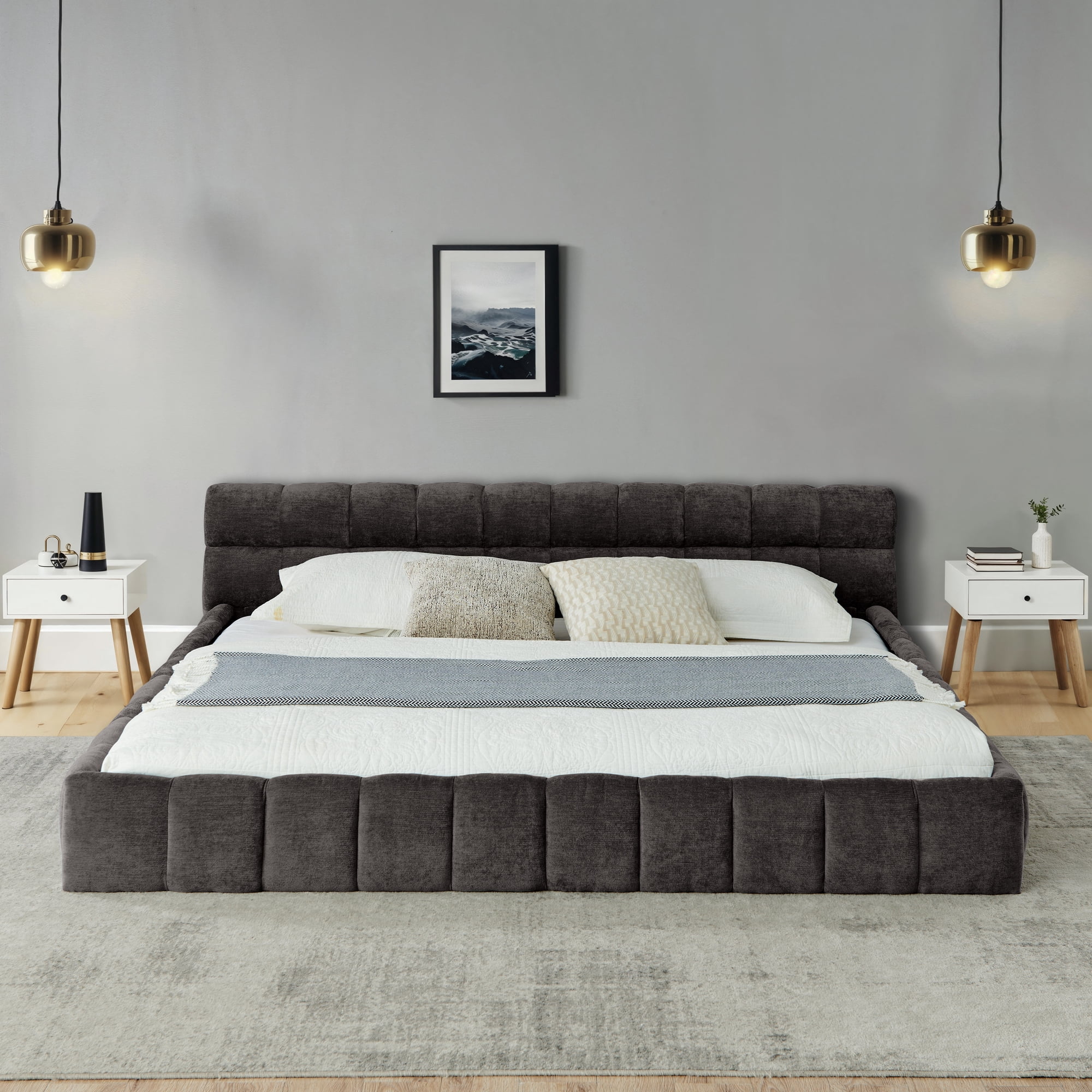 Modern Dark Gray Wood Frame California King Chenille Upholstered Platform Bed with Headboard