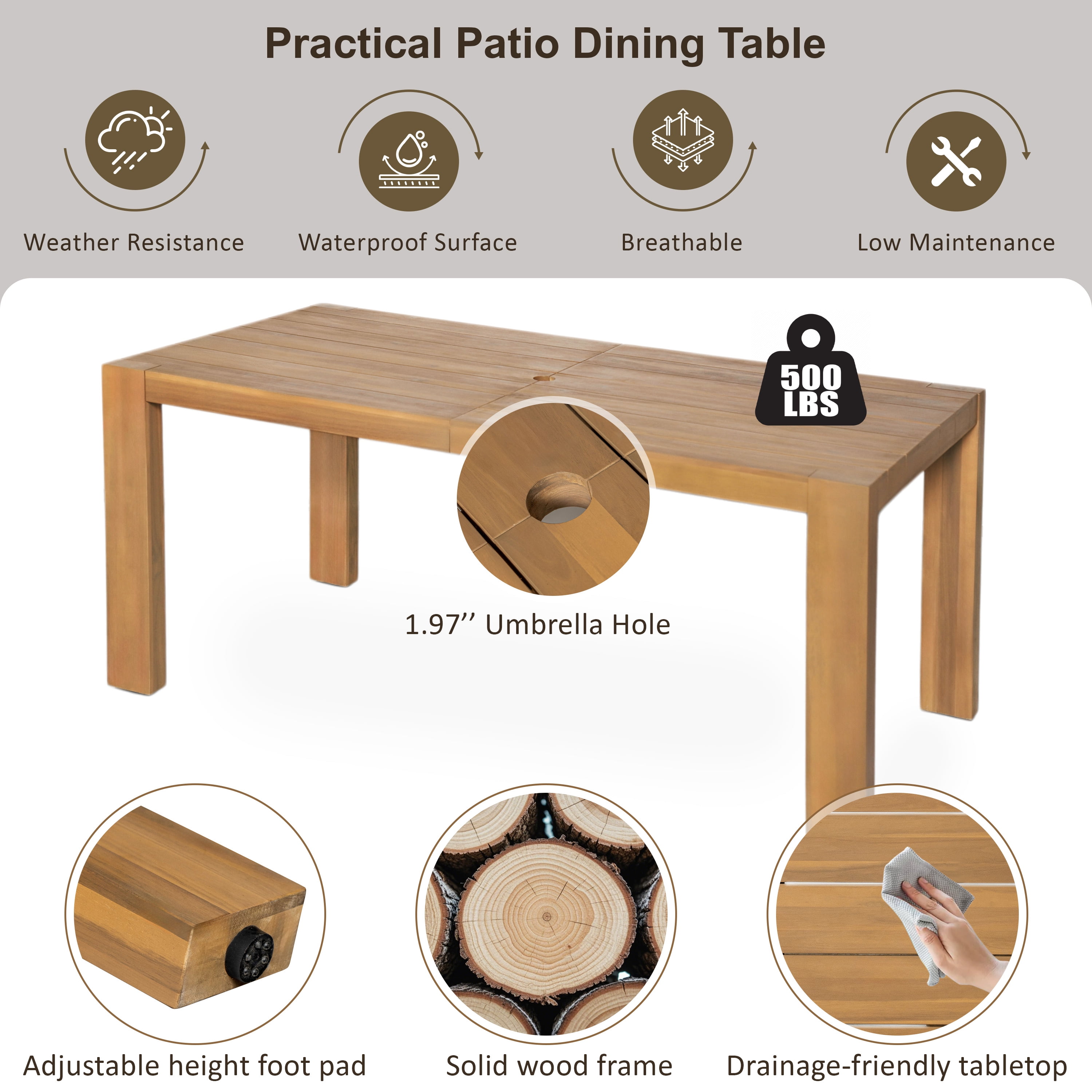 Harper & Bright Designs Wood Patio Dining Table Set for 6, Outdoor All-Weather Patio Dining Furniture with Rectangle Table and Chairs Set with Removable Cushions for Garden, Beige, Light Teak