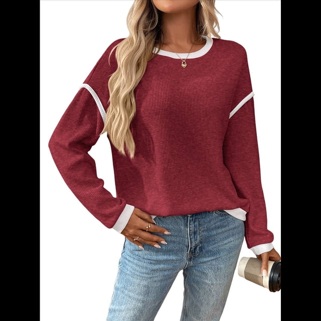 Suéteres de Cuello Redondo, Larga, Oversize, con Bloques de Color, de Punto Acanalado y Abertura Lateral para Mujer (Otoño de 2025) Vino Tinto XL