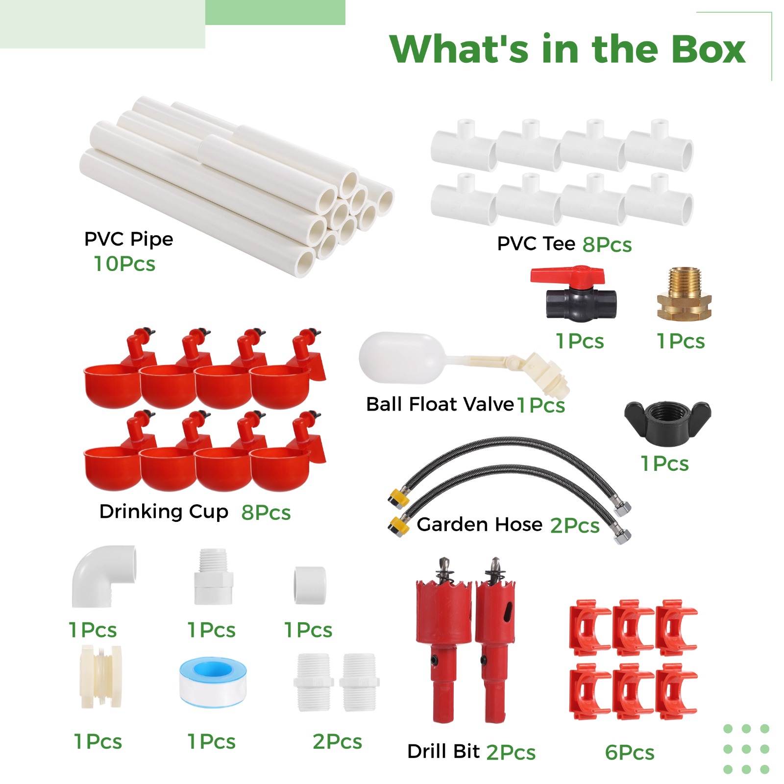 Automatic Chicken Waterer System, Complete Set, Automatic Chicken Watering Kit with PVC Pipes, Garden Hoses, Float Valve, Leak-Proof Poultry Water Cup System, Easy Installation