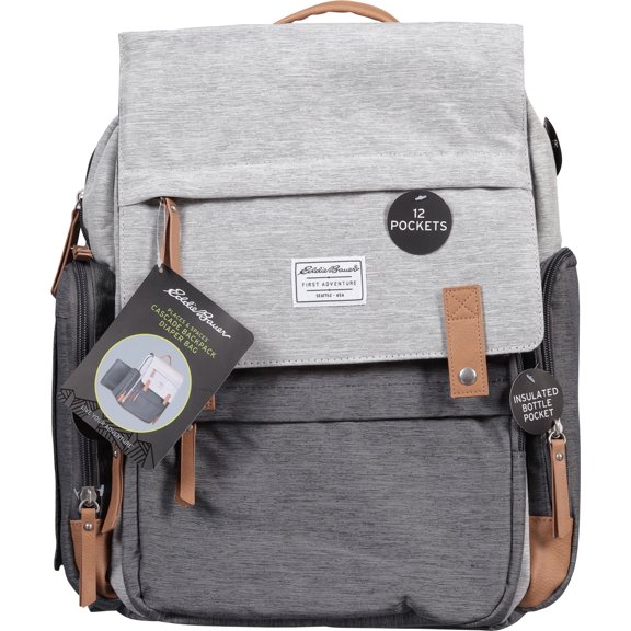 NoJo Eddie Bauer Cascade Backpack Diaper Bag, Gray, Insulated Bottle Pockets