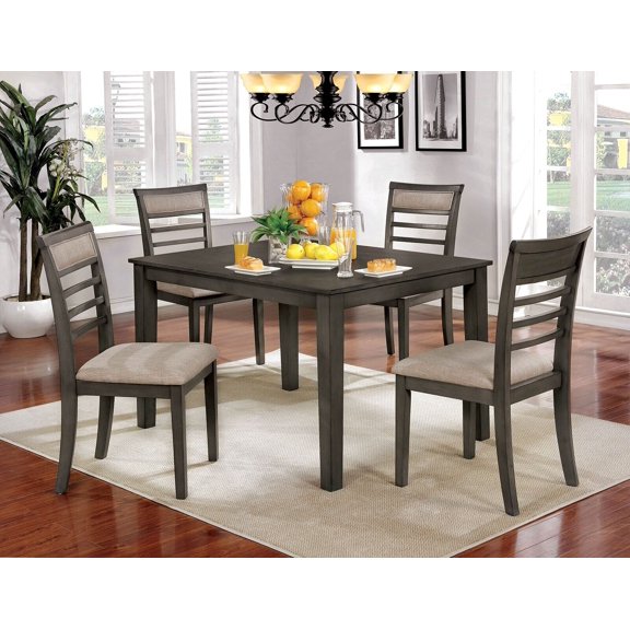 Transitional Weathered Gray Solidwood 5pc Dining Set Dining Table 4x Chairs Beige Padded Fabric Seats Cushions Dining Room