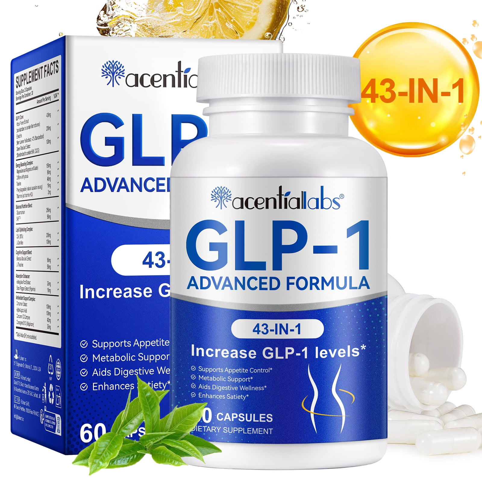 GLP-1 Support, 43 In 1 GLP-1 Capsules, Boosts Metabolism, Digestive Wellness, 60 Capsules
