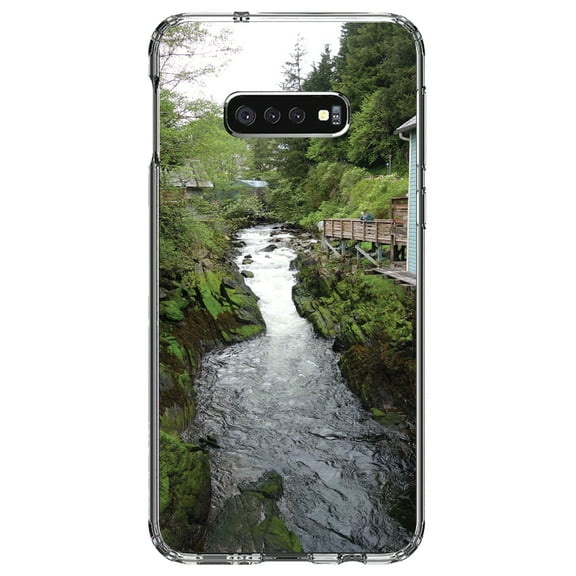 DistinctInk Clear Shockproof Hybrid Case for Samsung Galaxy S10e (5.8" Screen) - TPU Bumper, Acrylic Back, Tempered Glass Screen Protector - Ketchikan Alaska Stream