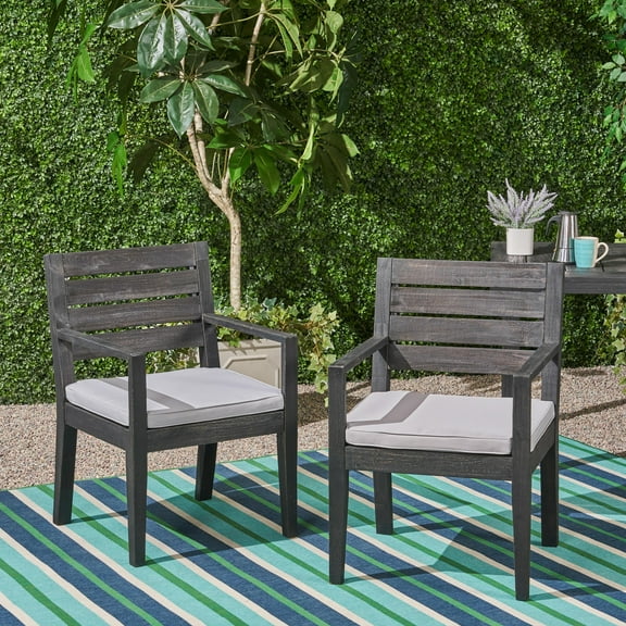 Zoe Outdoor Acacia Wood Dining Chairs with Cushions,, Set of 2, Sandblast Dark Grey, Light Gray