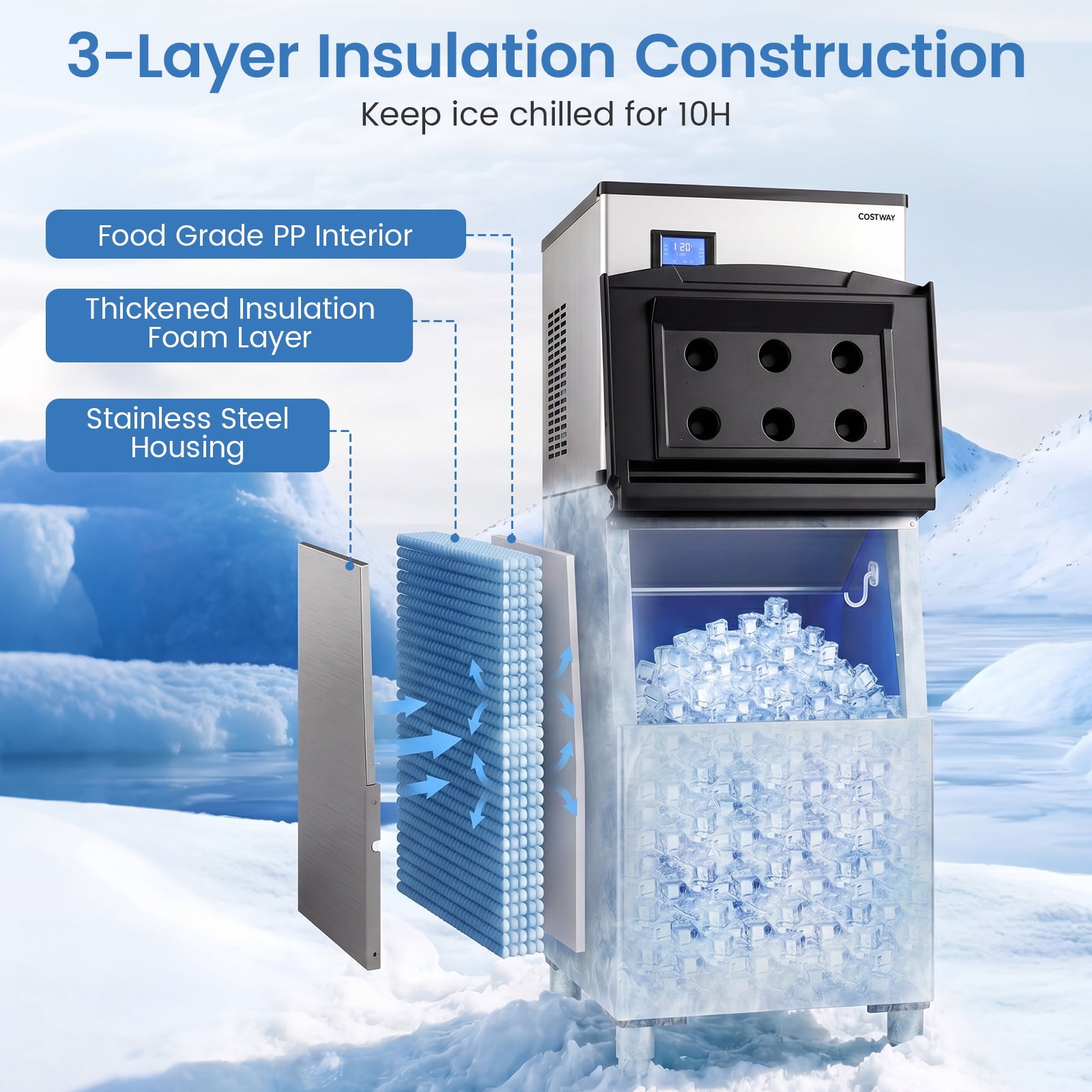 Costway Commercial Ice Maker 450 lbs/24H Ice Machine with 250 lbs Storage Bin Self-cleaning