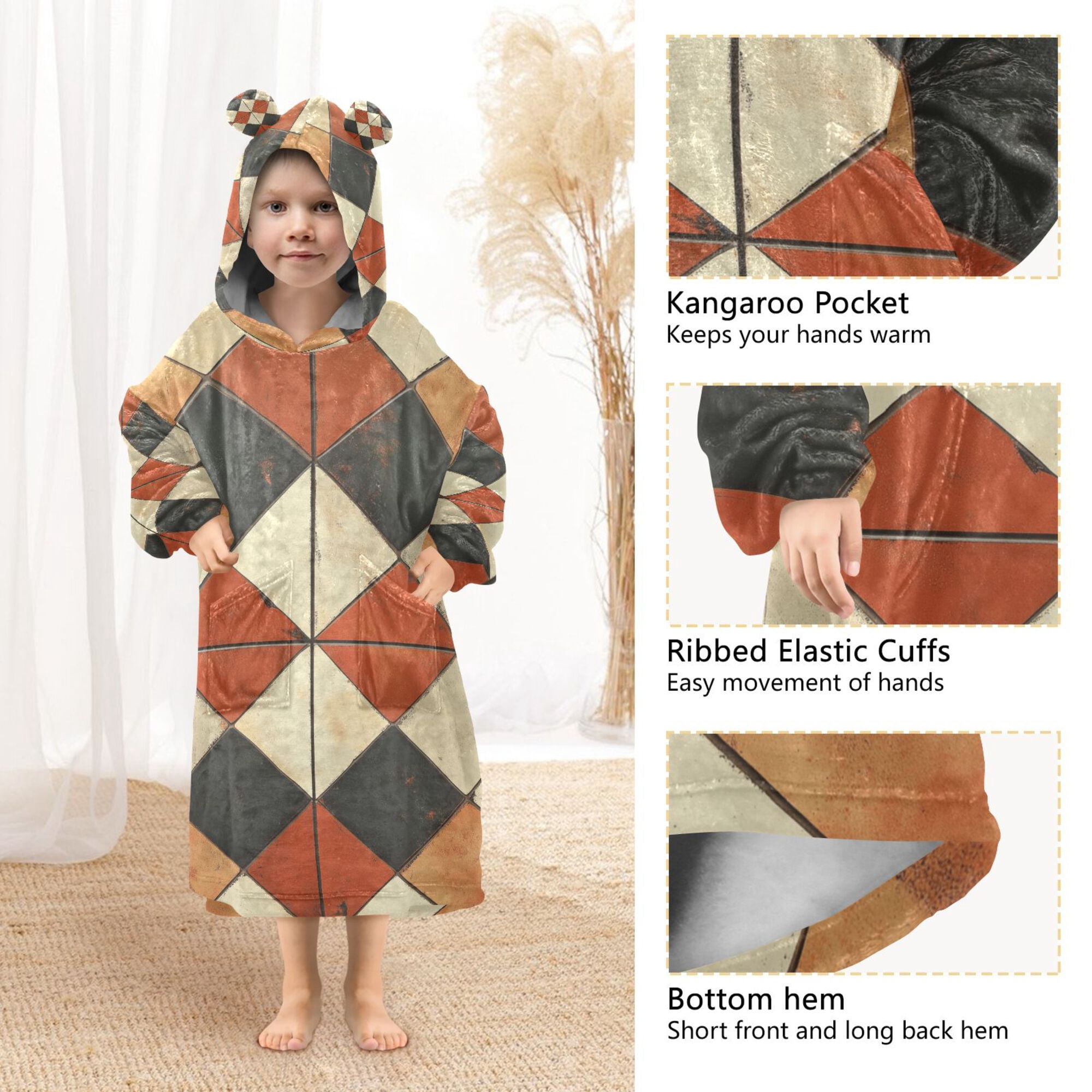FORMRS Wearable Blanket Hoodie with Sleeves for Kids Cozy Flannel Sweatshirt, Checkered Pattern